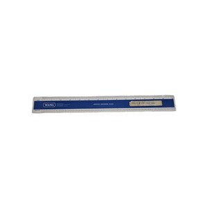 May include: A blue and white Wang vertical centering scale ruler featuring printed measurement markings along the top and bottom edges. The ruler displays the brand name WANG on the left side and includes a small rectangular label on the right.