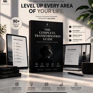 Könnte beinhalten: Ein schwarzes Buch mit dem Titel The Complete Transformation Guide und einem Porträt einer Person, neben einem Tablet mit Inhaltsverzeichnis und einem Laptop-Bildschirm mit einer täglichen Routine. Der Text enthält 90+ Seiten.
