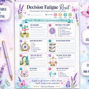 Peut inclure: Une fiche de travail imprimable Decision Fatigue Reset comprenant huit sections numérotées avec des illustrations aquarelles de lavande, de papillons, d'une boussole et d'une balance. La page inclut des invites textuelles, des cases à cocher et des lignes.