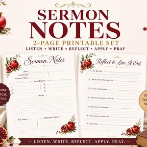 Op de afbeelding: Een printbare set preeknotities van twee pagina's met een granaatappelthema. De pagina's bevatten secties voor datum, spreker, hoofdpunten, kernverzen en reflectievragen zoals "What God Is Teaching Me" en "My Prayer" met granaatappelillustraties.