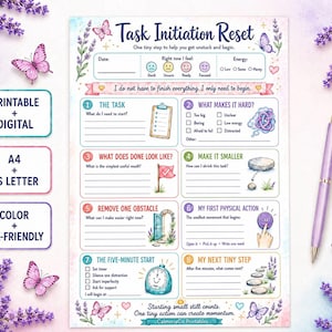 May include: A Task Initiation Reset planner sheet featuring eight numbered sections for productivity, decorated with lavender sprigs and butterflies. The document includes prompts for task management, emotional check-ins, and energy levels, with text printed in blue and black ink.