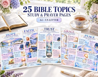 25 Bible Topic Study & Prayer Pages: Illustrated KJV Printable Bundle, A4 and US Letter