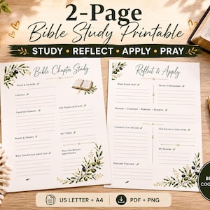 May include: A two-page Bible study printable set featuring olive branch illustrations. The first page is titled Bible Chapter Study with sections for book, chapter, summary, and themes. The second page is titled Reflect & Apply with prayer prompts.