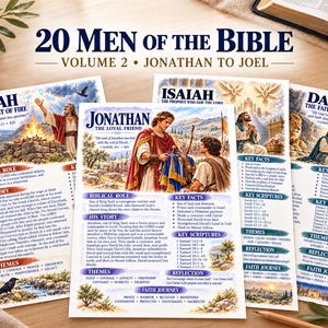 May include: A collection of educational sheets titled 20 Men of the Bible Volume 2 Jonathan to Joel, featuring detailed illustrations and text about biblical figures including Elijah, Jonathan, Isaiah, and Daniel with key facts and scriptures.