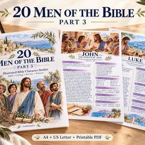 Może przedstawiać: Zestaw przewodników do nauki do druku zatytułowany 20 Men of the Bible Part 3, zawierający ilustrowane studia postaci biblijnych Jana i Łukasza. Strony zawierają tekst, motywy biblijne, kluczowe fragmenty pism oraz refleksje.