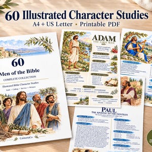 May include: A collection of 60 illustrated Bible character studies in a printable PDF format. The documents feature detailed text, historical artwork, and key facts about figures like Adam, David, and Paul, presented on A4 and US Letter pages.