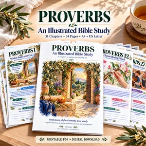 May include: A stack of printed pages titled Proverbs An Illustrated Bible Study, featuring colorful landscape illustrations, text sections for reflection, prayer, and response, and a digital download label at the bottom of the main page.