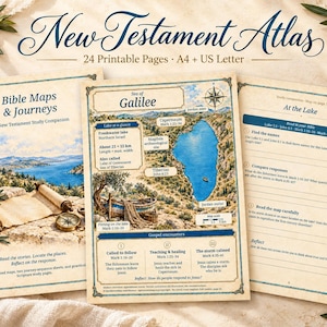 May include: New Testament Atlas with 24 printable pages in A4 and US Letter sizes. The set includes Bible maps, journey guides, and study sheets featuring illustrations of the Sea of Galilee, ancient scrolls, and compasses.