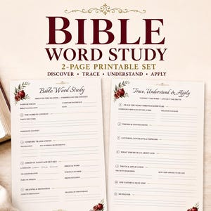 Può includere: Un set stampabile di due pagine per lo studio biblico con sezioni per scoprire, tracciare, comprendere e applicare le scritture. Le pagine includono righe per appunti, definizioni e riferimenti, decorate con illustrazioni di melograni.