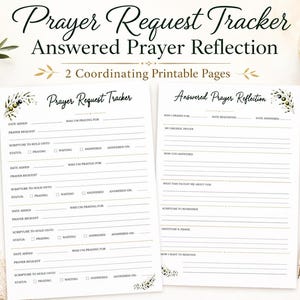 May include: Two printable pages titled Prayer Request Tracker and Answered Prayer Reflection. The documents feature black text, lined sections for writing, and olive branch illustrations. The tracker includes checkboxes for status, while the reflection page provides space for notes on prayers and gratitude.