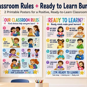 Può includere: Due poster educativi stampabili intitolati Classroom Rules e Ready to Learn. Ogni poster presenta otto passaggi numerati con illustrazioni colorate di bambini e testo che spiega comportamenti positivi in classe.