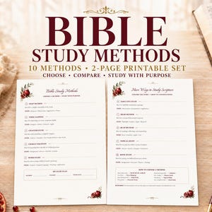 May include: A two-page printable set titled Bible Study Methods featuring 10 distinct study techniques. The white documents include dark red text, pomegranate illustrations, and structured sections for planning and choosing study methods.