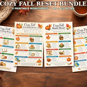 May include: A set of four printable worksheets titled Cozy Fall Reset Bundle, including Morning Reset, Evening Reset, Home Reset, and Self-Care Menu. Each page features autumn-themed illustrations like pumpkins and leaves with checkboxes.