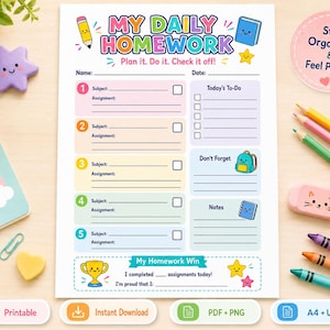 Puede incluir: Una hoja de planificación My Daily Homework imprimible con secciones coloridas para cinco materias, una lista de tareas, una sección de no olvidar y un área de notas. La página incluye ilustraciones de un lápiz, libro, mochila y trofeo.