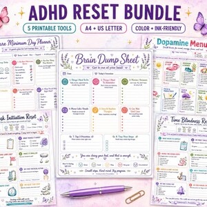 ADHD Reset Toolkit Bundle, Executive Function Printables for Overwhelm and Task Initiation
