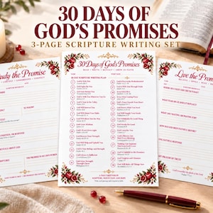May include: A three-page scripture writing set titled 30 Days of God's Promises, featuring red text and pomegranate illustrations. The pages include Study the Promise, 30 Days of God's Promises, and Live the Promise with lined sections for writing.