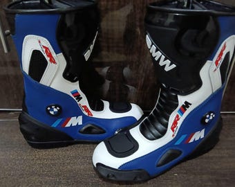 BMW Motorrad Motorcycle Boots S1000RR M Sport Racing Riding Shoes, Blue Leather Motorbike Boots