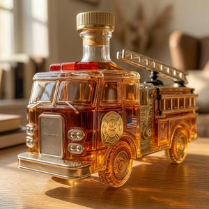 May include: A clear amber-coloured glass decanter shaped like a fire engine. The bottle features a gold-toned cap, a ladder on top, a small American flag decal on the side, and a circular emblem. The front includes a silver-coloured grille and headlights.