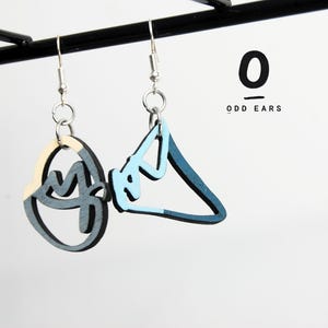 Mismatched Wooden Scribble Earrings | Hand-Painted Blue, Grey, Cream Design