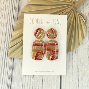 Red, Cream, and Gold Rectangular Polymer Clay Earrings