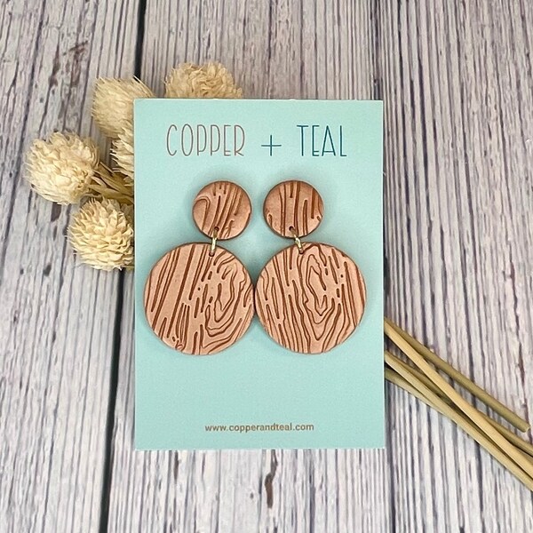 Shimmery Rose Gold Polymer Clay Drop Earrings with a Faux Wood Texture