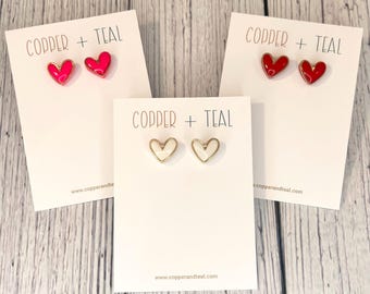 Polymer Clay Heart Stud Earrings in Red, White, or Hot Pink