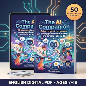 May include: A book titled The AI Companion with the subtitle 50 prompts to empower young people with ADHD and autism - ages 7-18 by Nigel Brown. The cover features a central robot, children using technology, and circuit board graphics. A tablet displays the same cover, and a small stack of cards sits nearby.