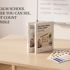May include: Two copies of The Color-Block Sticker Book: School Days, featuring a white cover with a graphic of school supplies and a green apple. Beside the books are several sheets of stickers with various icons and color-block strips.