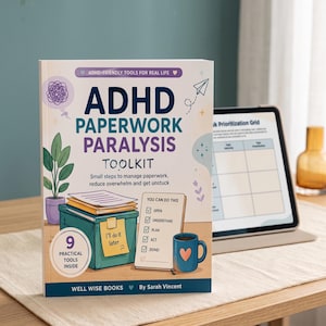 May include: A softcover book titled ADHD Paperwork Paralysis Toolkit by Sarah Vincent. The cover features illustrations of a teal storage box, a checklist, a potted plant, and a blue mug. Text includes 9 Practical Tools Inside and Well Wise Books.