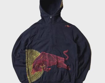 Sudadera con capucha y cremallera bordada de Red Bull Vintage Navy con logo grande de carreras.