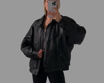 1980-talets överdimensionerade slitna vintage äkta svarta läderjacka: Bomber Retro Boxy Fit-kappa