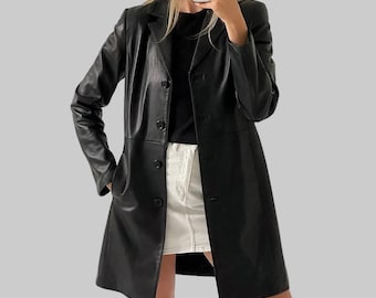Trench coat vintage de couro preto dos anos 90 | Autêntico casaco retrô clássico