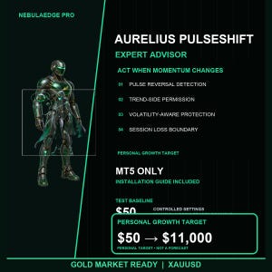 May include: A digital graphic featuring a futuristic armored figure in green and black, labeled NEBULAEDGE PRO. Text includes AURELIUS PULSESHIFT EXPERT ADVISOR, ACT WHEN MOMENTUM CHANGES, MT5 ONLY, and a personal growth target of $50 to $11,000 for XAUUSD.