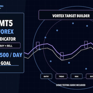 May include: A dark blue digital graphic for the Nebulaedge Pro MT5 Forex Indicator. It features the text Vortex Target Builder, Buy + Sell, and GBP 500 / Day Goal. A line chart with circular data points and labels for Entry, Trend, Risk, and Exit.