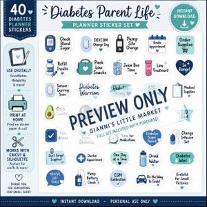 May include: A digital planner sticker set titled Diabetes Parent Life featuring 40 individual stickers with icons and text related to diabetes management, including blood sugar checks, insulin refills, and medical appointments in blue and teal tones.