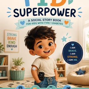Może przedstawiać: Okładka książki zatytułowana My T1D Superpower: A Social Story Book for Kids with Type 1 Diabetes. Przedstawia uśmiechnięte dziecko z czujnikiem glukozy na ramieniu i pompą w dłoni, z tekstem I am brave, strong, and me.