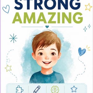 Może przedstawiać: Okładka książki zatytułowana BRAVE STRONG AMAZING, A Type 1 Diabetes Activity Book for Kids, z ilustracją uśmiechniętego dziecka. Zawiera ikony aktywności, kolorowania, gier i budowania pewności siebie oraz oznaczenie wieku 3-7 lat.