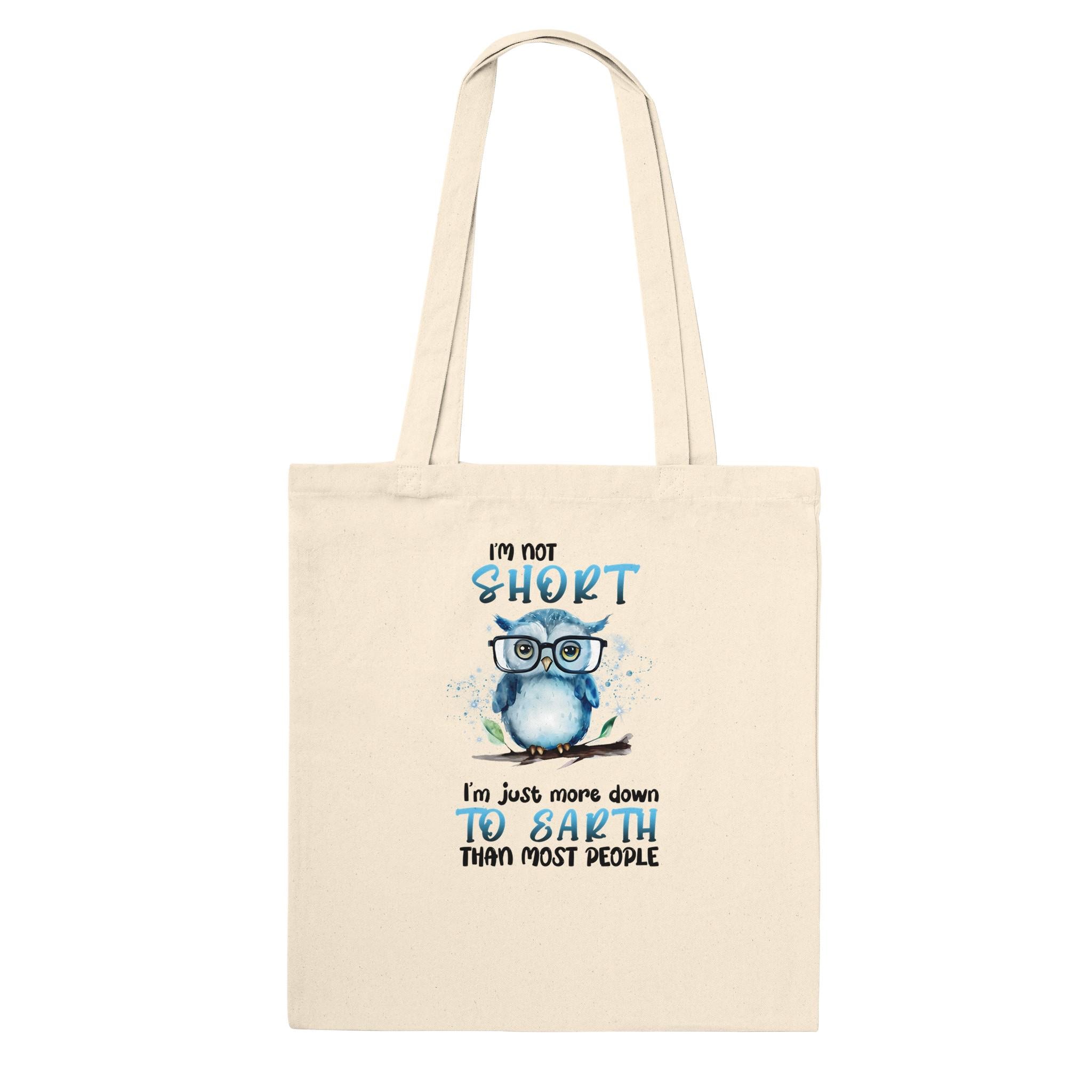 Funny Owl Tote Bag, Short Person Humor, Blue Canvas Shopper
