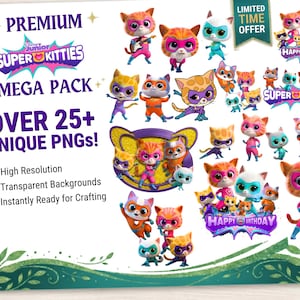 Pacote de PNGs Super Kitties, Clipart Super Kitties, PNG de Gato de Desenho Animado, PNG de Personagem Infantil, Design para Sublimação, Download Digital