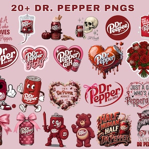 以下が含まれることがあります： Dr. Pepperのブランディングを施した20種類以上のデジタルグラフィックデザインのコレクション。ソーダ缶、ボトル、ハート、バラ、頭蓋骨、テディベア、および「Just a Girl Who Loves Dr. Pepper」や「Pepperaholic」などの様々なテキストフレーズが含まれています。