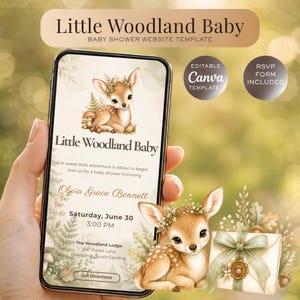 Puede incluir: Una plantilla de sitio web para baby shower en la pantalla de un teléfono inteligente con una ilustración de cervatillo, el texto Little Woodland Baby, Olivia Grace Bennett, Saturday, June 30, 3:00 PM, y The Woodland Lodge, 1247 Forest Lane, Charleston, South Carolina.