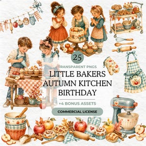 Könnte beinhalten: Eine digitale Sammlung von 25 transparenten PNGs mit Illustrationen von backenden Kindern, Küchenutensilien und herbstlichen Leckereien. Der Text lautet 25 TRANSPARENT PNGS LITTLE BAKERS AUTUMN KITCHEN BIRTHDAY +4 BONUS ASSETS COMMERCIAL LICENSE.