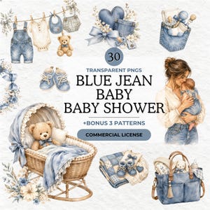Puede incluir: Una colección digital de 30 archivos PNG transparentes con ilustraciones para un baby shower con temática de mezclilla azul, que incluye una cuna de mimbre con un osito de peluche, ropa de bebé en un tendedero y un bolso de pañales.