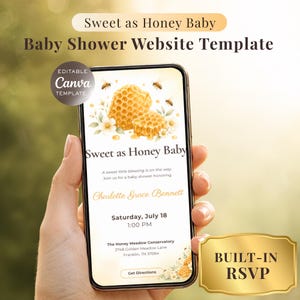 Mall för babyshower-webbplats Söt som honung, Canva OSA-inbjudan, Inbjudan till babyshower med honungsbi, interaktiv webbplats