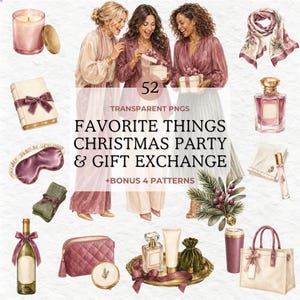 May include: A digital collection of 52 transparent PNGs featuring illustrations of three women exchanging gifts, a candle, a scarf, perfume bottles, a wine bottle, a quilted pouch, a tote bag, a sleep mask, and festive greenery for a Christmas party.