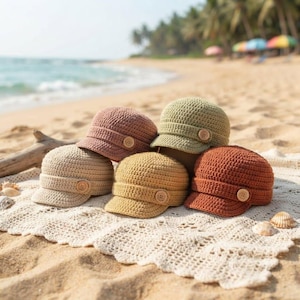 Può includere: Una collezione di cinque berretti in stile coppola realizzati all'uncinetto in vari colori a tinta unita, tra cui rosa antico, verde salvia, beige, giallo senape e terracotta. Ogni berretto presenta una visiera corta e un bottone in legno.