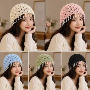May include: A collection of five crochet cloche hats in beige, pink, light blue, sage green, and black. Each hat features an openwork diamond pattern and a decorative fringe of small white faux pearls hanging from the bottom edge of the brim.
