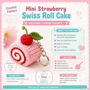 Mini Strawberry Swiss Roll Cake Keychain Crochet Pattern PDF