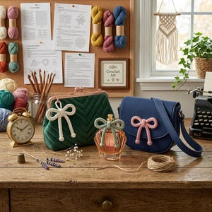 May include: A dark green velvet clutch with a gold frame and white rope bow, a glass perfume bottle with a sage green rope bow, and a navy blue shoulder bag with a pink rope bow, all arranged on a wooden surface with various craft supplies.