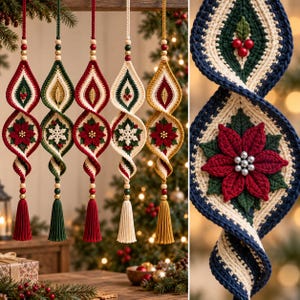 Puede incluir: Cinco adornos de ganchillo colgantes con formas retorcidas y alargadas en rojo, verde, crema y dorado. Cada adorno muestra intrincados motivos florales o de copos de nieve, acentuados con pequeñas cuentas y terminados con una borla de hilo.